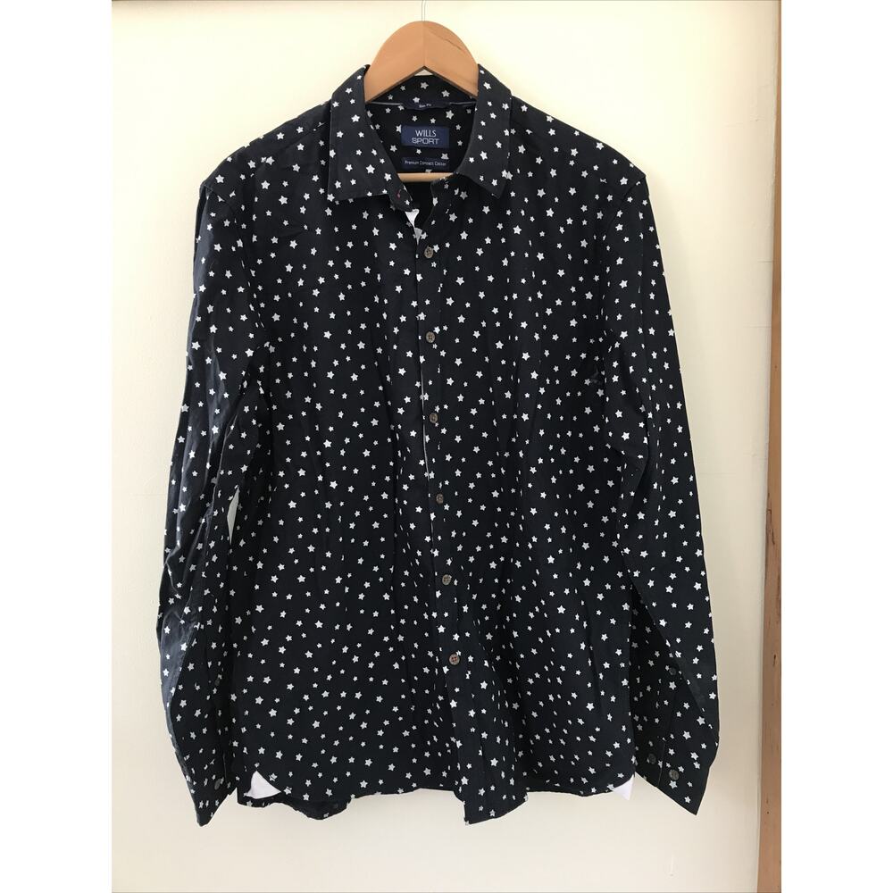 Wills Sport Slim Fit Navy White Star Compact Cotton Button Up Shirt 17.25" 47" M